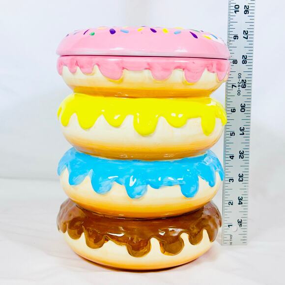 Coco + Lola Donut Cookie Jar Colorful Stack of Donuts Ceramic Kitchen Decor Used - Picture 9 of 9